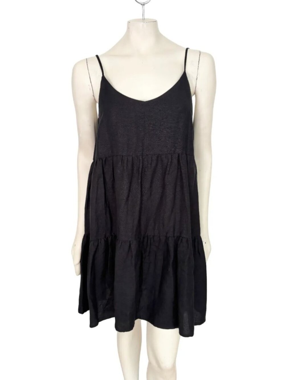 NEW OAK + FORT Tiered Linen Blend Babydoll Dress Black SZ M